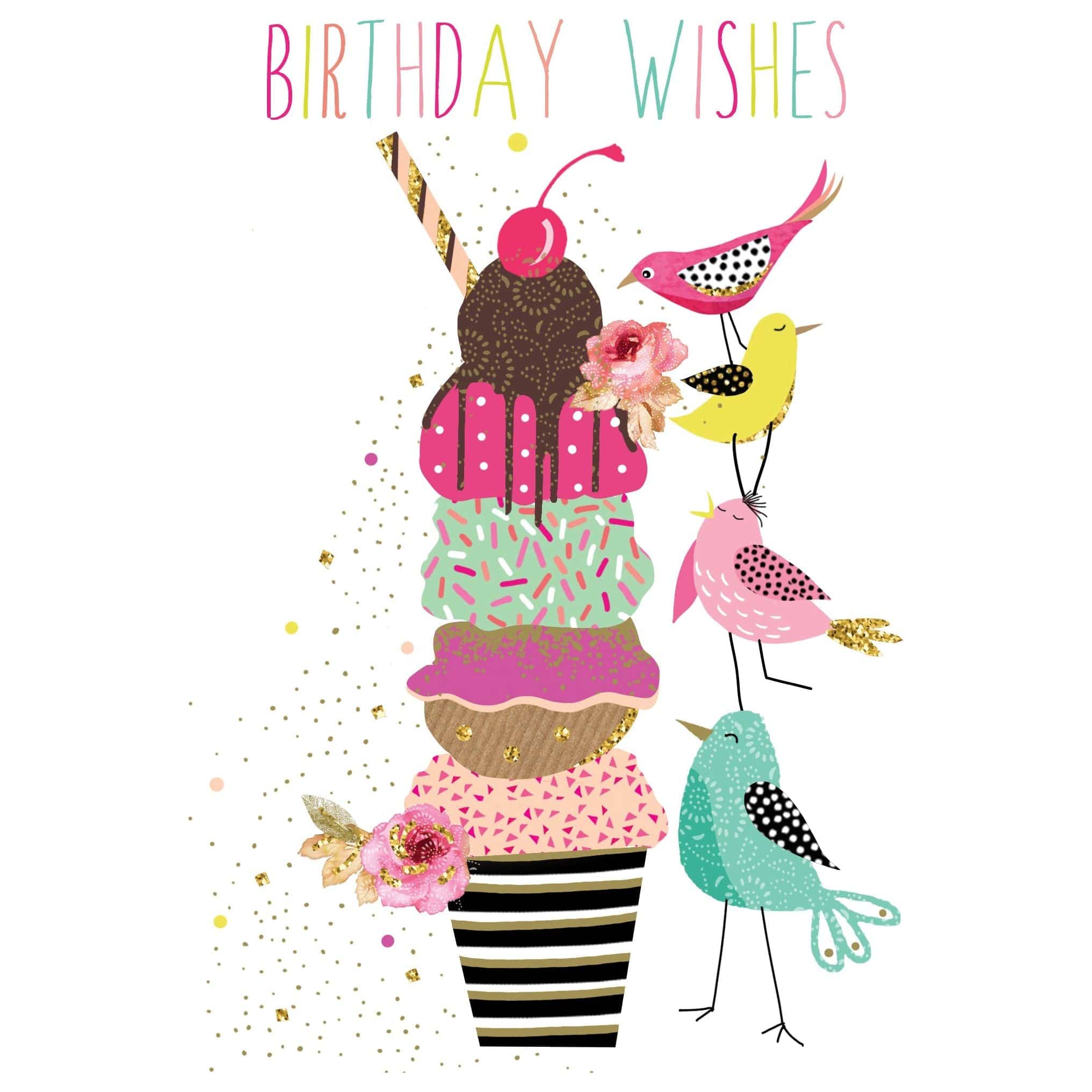 Colorful Sara Miller Ice Cream Birds birthday card from Pictura featuring vibrant bird illustrations on an everyday card.